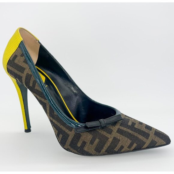 Fendi Shoes - Authentic FENDI Brown Monogram FF Zucca Logo Yellow Heel Pumps Size EU39